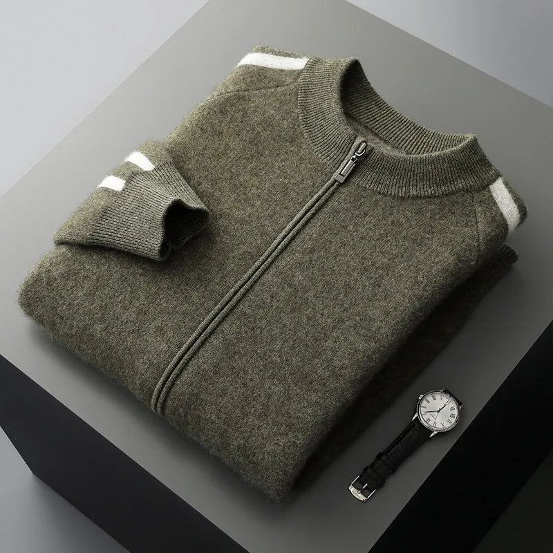 Thickened pure wool half turtleneck cardigan in light gray with button front and long sleeves