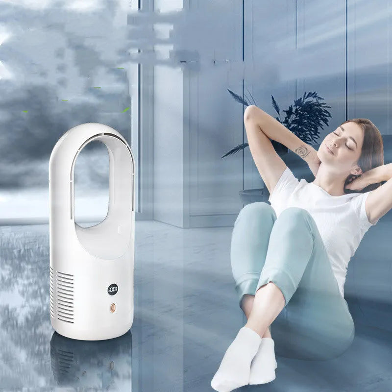 Electric bladeless fan cooler with LED display and Type-C charging port on a desk