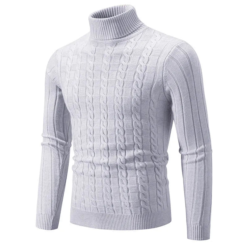 Man wearing a slim-fit beige chenille turtleneck pullover for casual leisure wear.