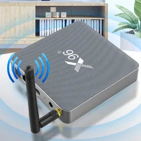 Android Smart TV Set-top Box with remote control, HDMI cable, and power adapter.