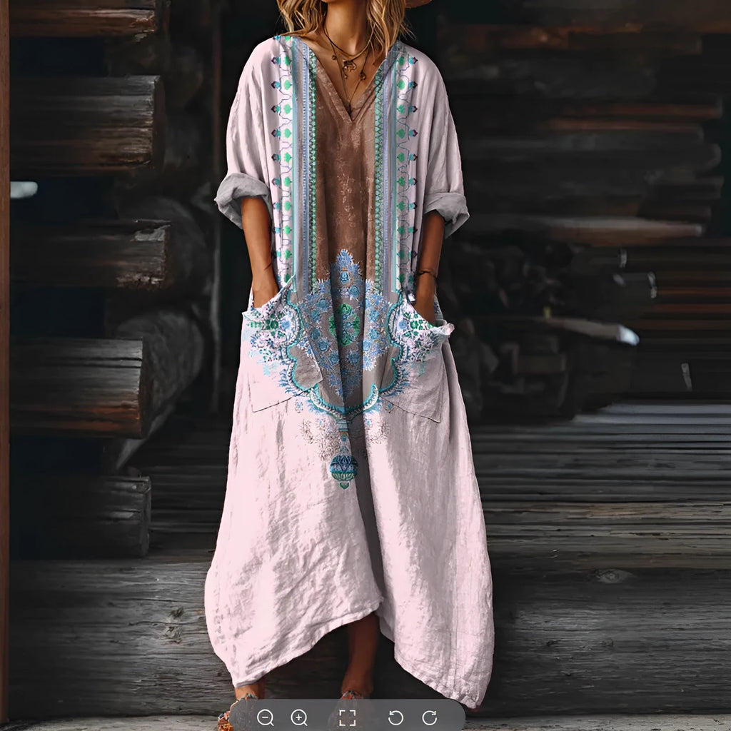 Women's vintage floral print V-neck long dress with pockets, mid waist, conventional sleeves, in bubble anti-wrinkle fabric
