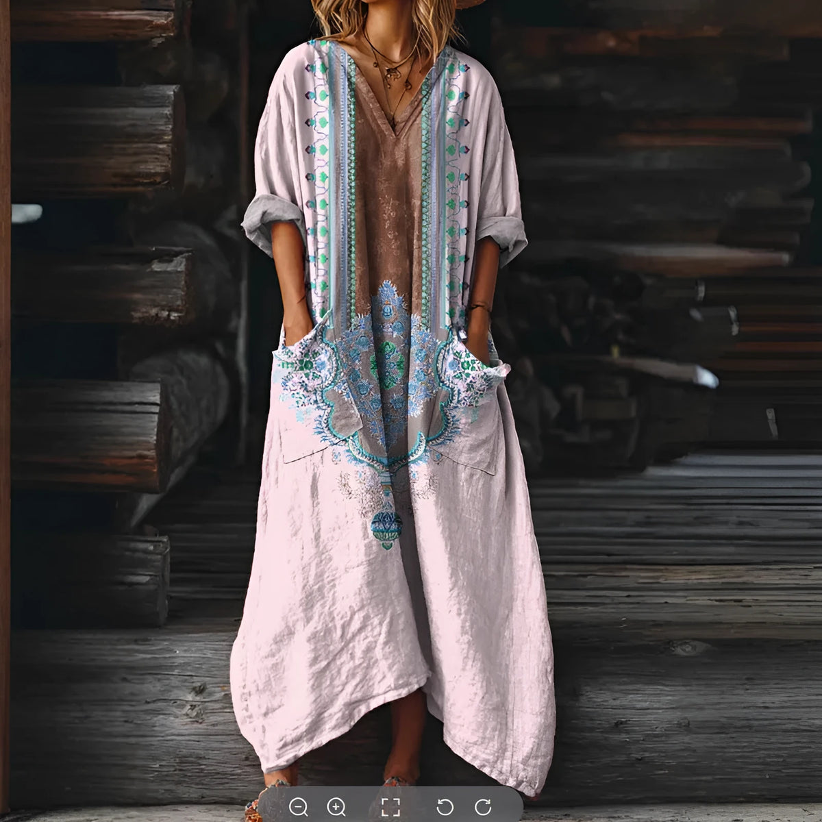 Women's vintage floral print V-neck long dress with pockets, mid waist, conventional sleeves, in bubble anti-wrinkle fabric