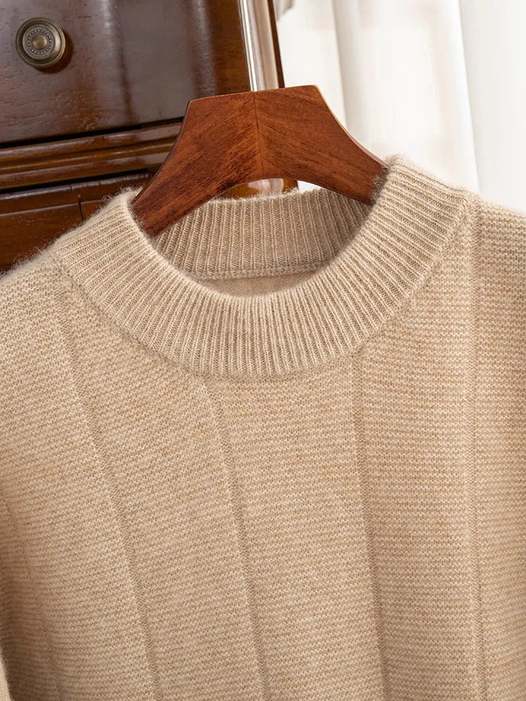 High Sense men double thick cashmere sweater round neck striped solid colour pullover winter casual bottoming shirt