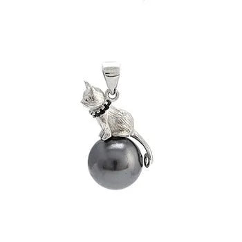 Close-up of a sterling silver cat pendant necklace on a clavicle-length chain, showing the electroplated finish.