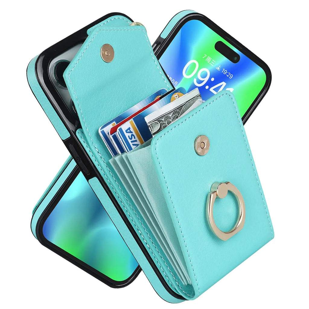 PU leather iPhone case with card slot and folding stand in black, mint green, milky white, red or rose gold
