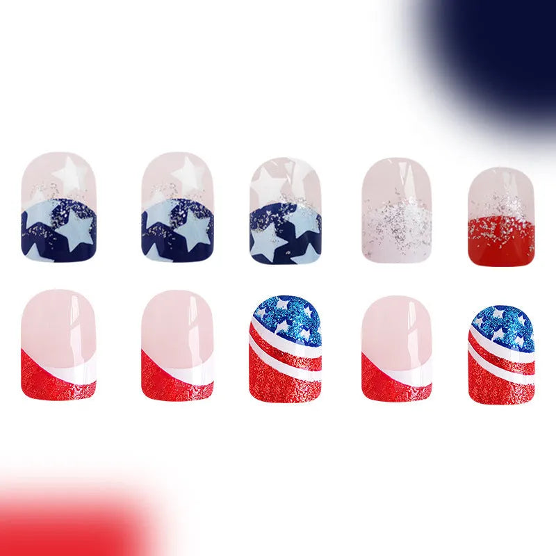 Independence Day nail art set showing three five-pointed star designs in European Square style