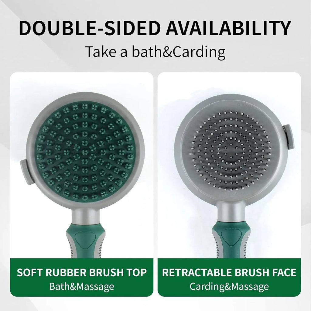 Green and pink dual-sided pet brush with slicker pins on one side and silicone massage pins on the other