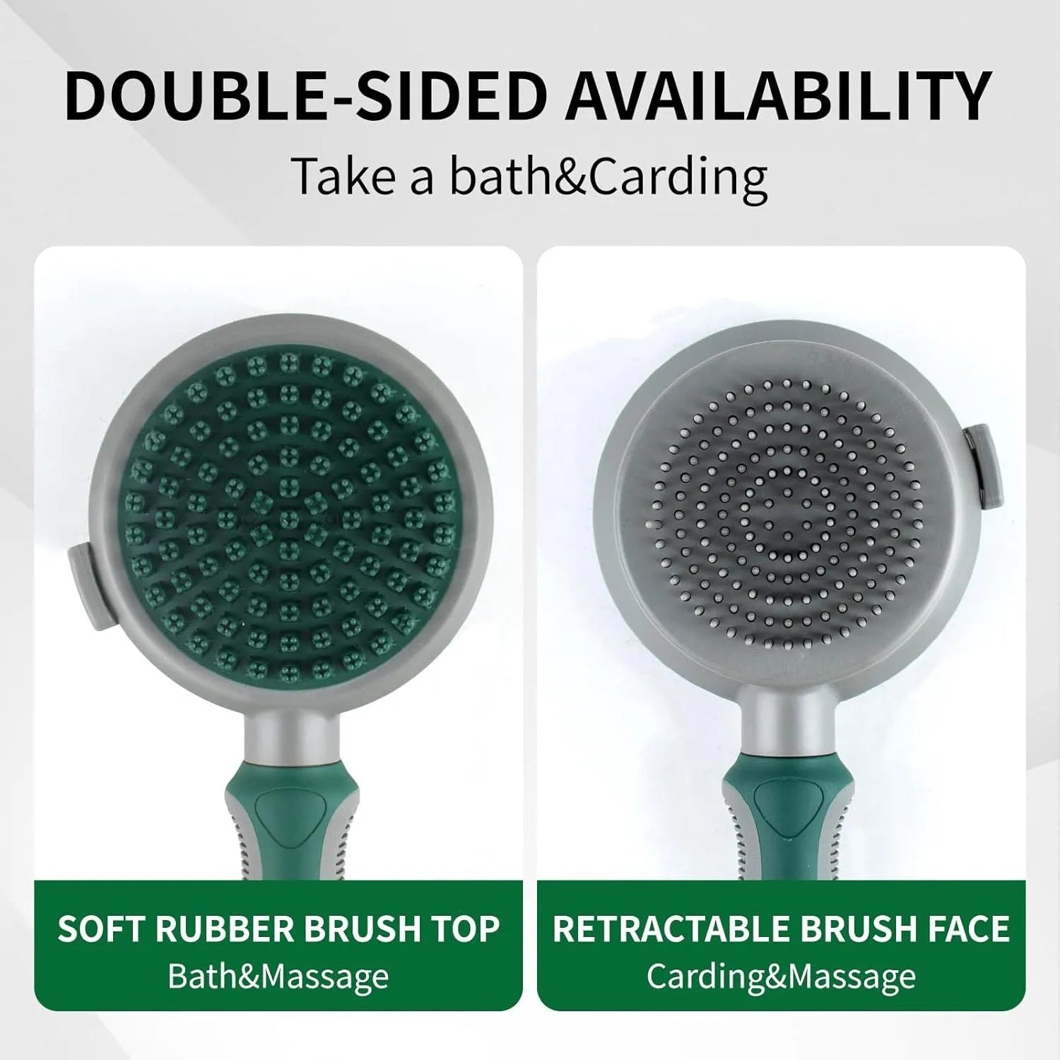 Green and pink dual-sided pet brush with slicker pins on one side and silicone massage pins on the other