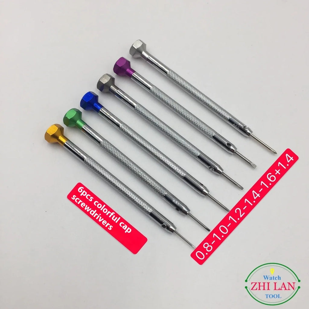 Six colour-coded aluminium handle screwdrivers and a meter repair tool for watchmaking and electronics.