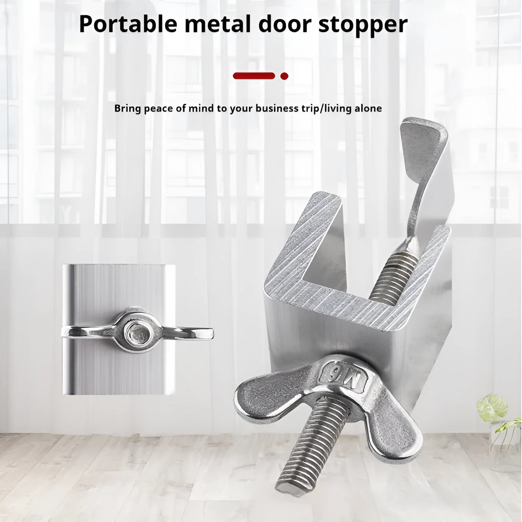 Portable hotel door stopper security lock in stainless steel and aluminium alloy with through plug design