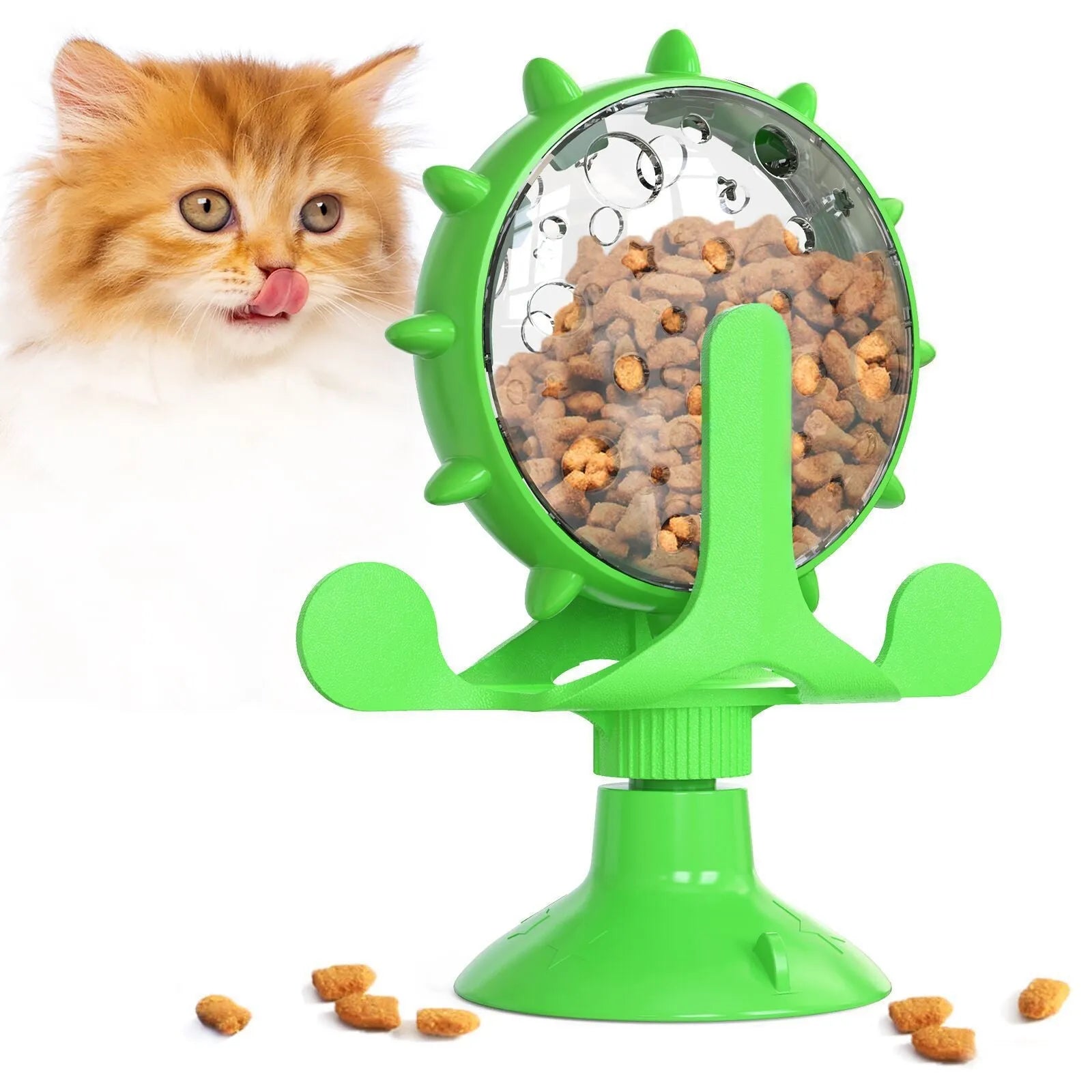 Interactive pet spinner toy with strong sucker base in blue, green, red, or yellow colours for cats and small dogs