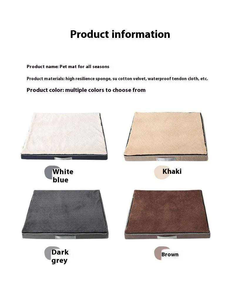 Brown removable cover memory foam dog mat showing size options on a wooden floor.