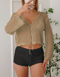 Women's apricot hollow woven cardigan blouse with bell sleeves, shown front view.