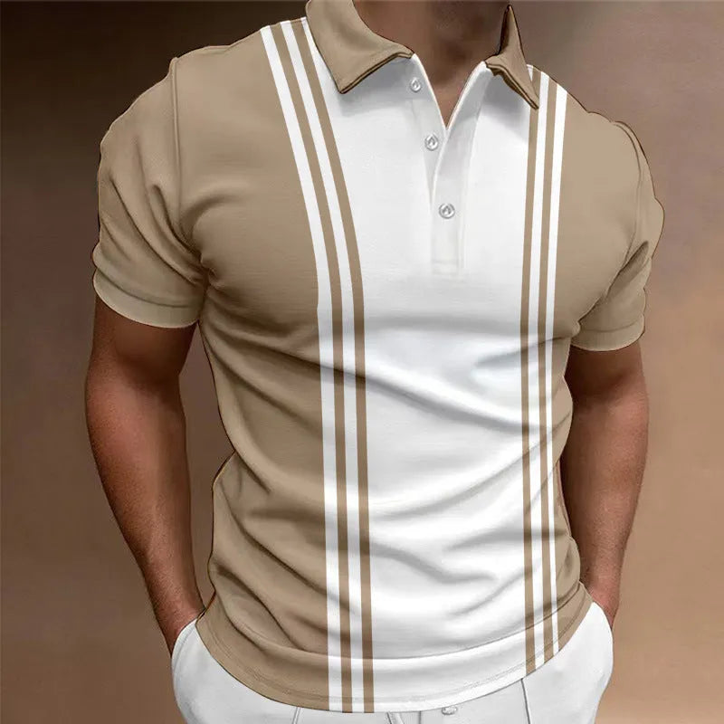 Casual 3 button lapel men's T-shirt in blue, loose fit short sleeve polyester top