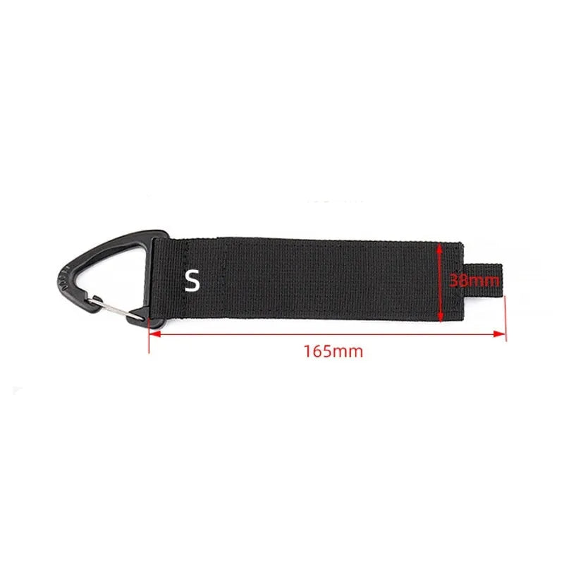 Black heavy-duty storage strap with carabiner hook in three sizes for garage workshop and outdoor use.