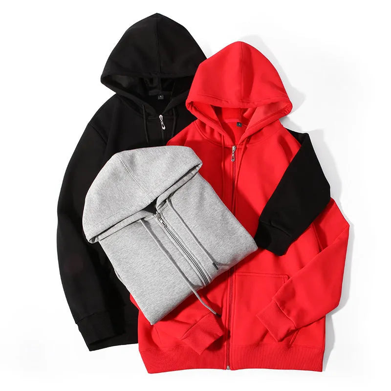 Plus size man wearing a beige heavyweight zipper hooded sweater with top-stitched pockets.