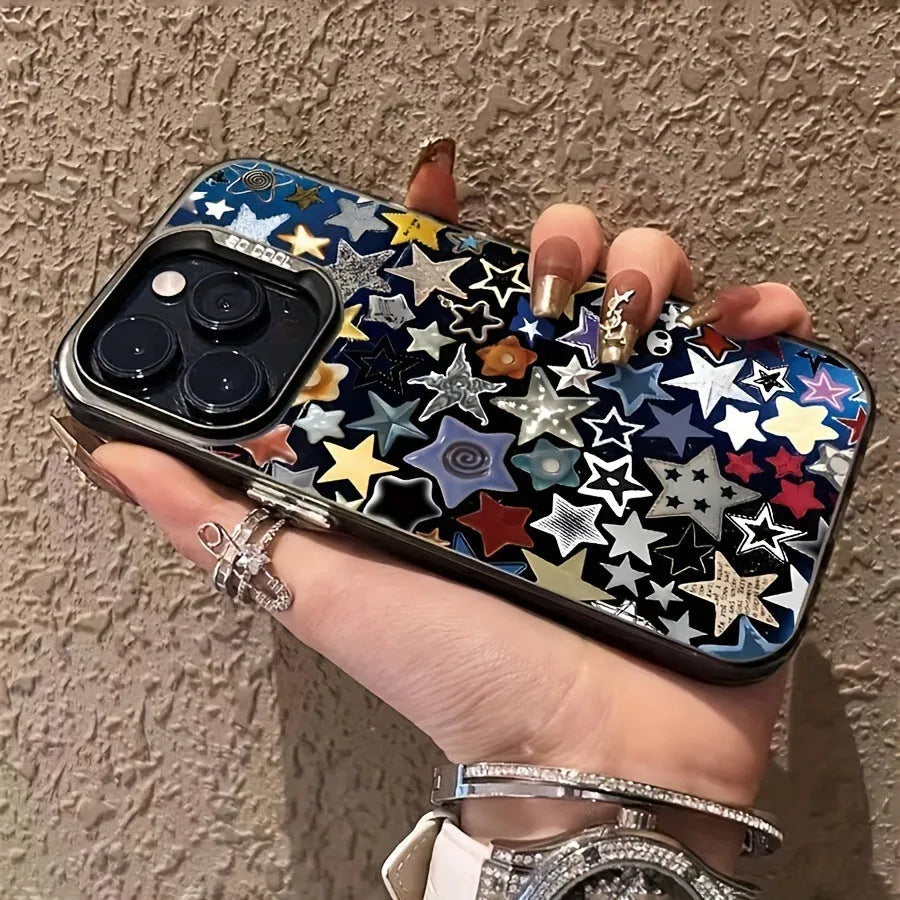 Black PC hard phone case for iPhone with five-pointed star laser design, anti-fingerprint coating