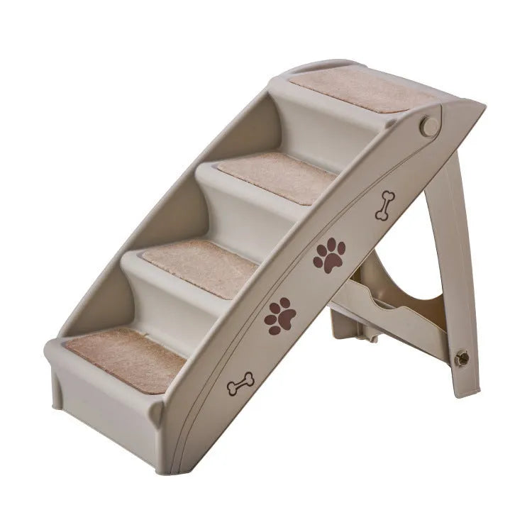 Foldable plastic pet ladder steps for small dogs and cats on a beige carpet.