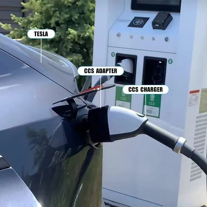 Black Tesla charging plug conversion adapter for J1772 connectors with dimensions 195mm x 96mm x 67mm