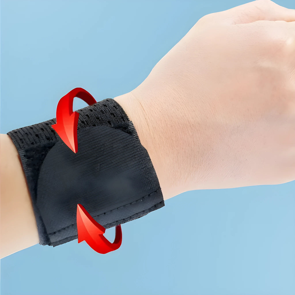 High elasticity breathable athletic wristguard for wrist support in black, grey, and pink.