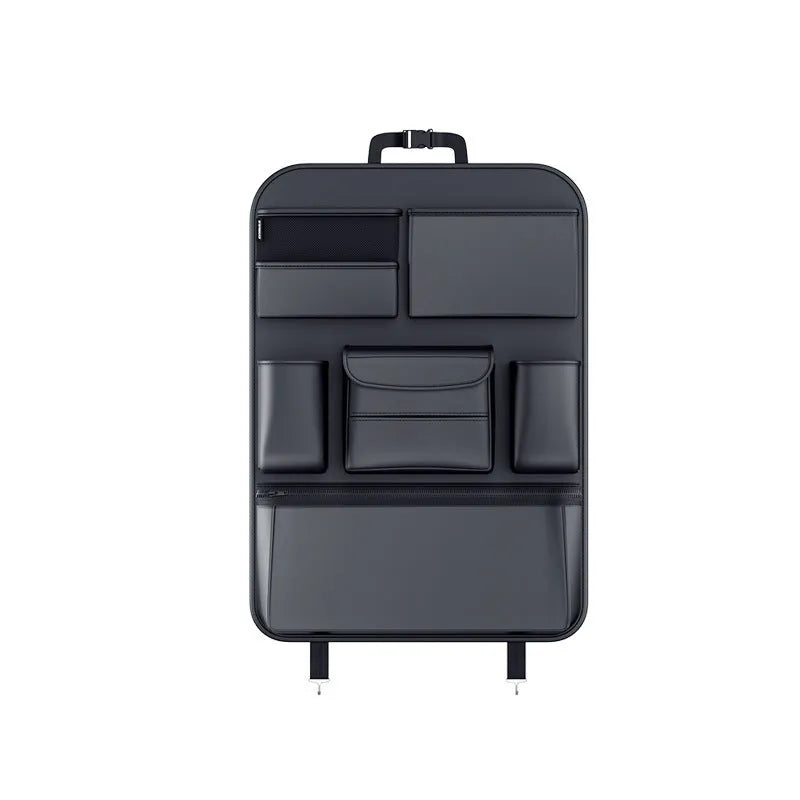 Black leather car seat hanging storage bag with carrying handle in two size options