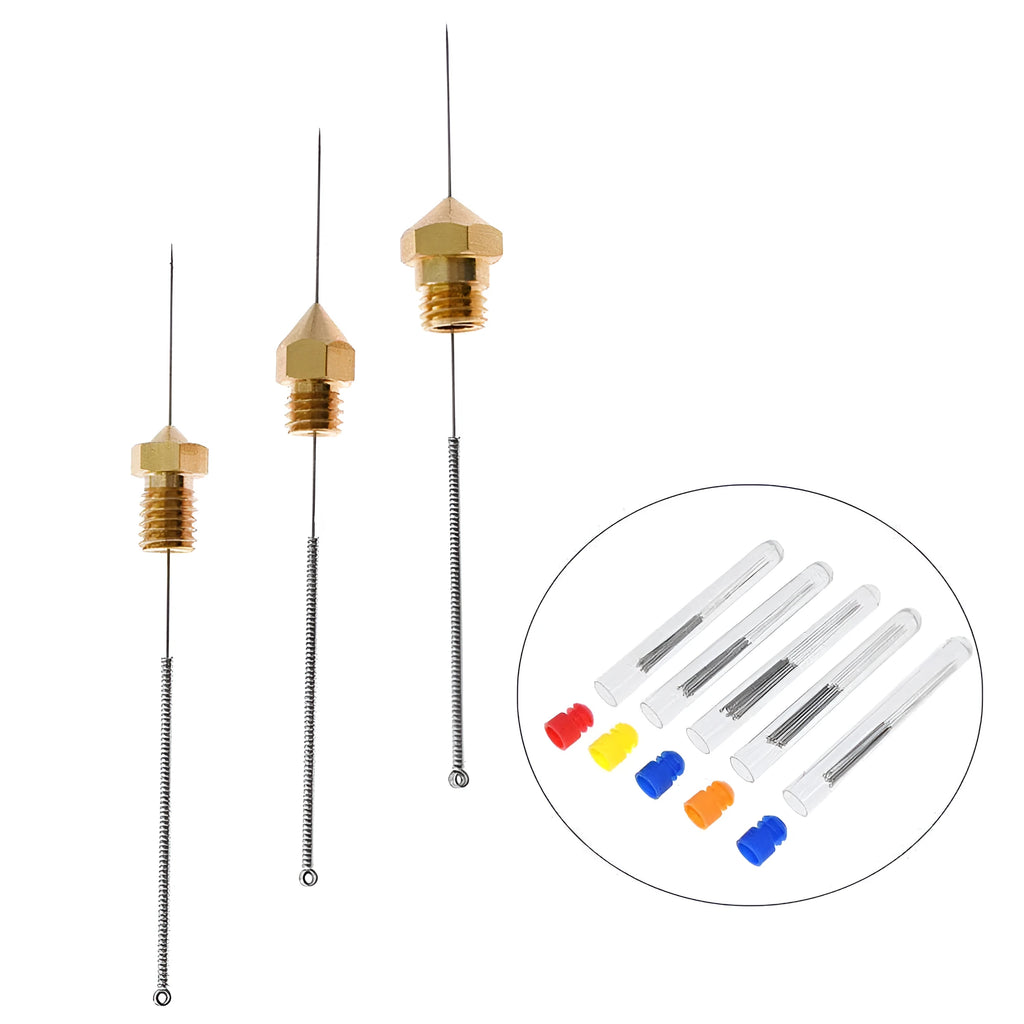Pack of Mk8 E3D 3D printer nozzle cleaning needles in five different diameter sizes.