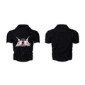 Black men's slim fit short sleeve shirt with printed design and round neck collar.