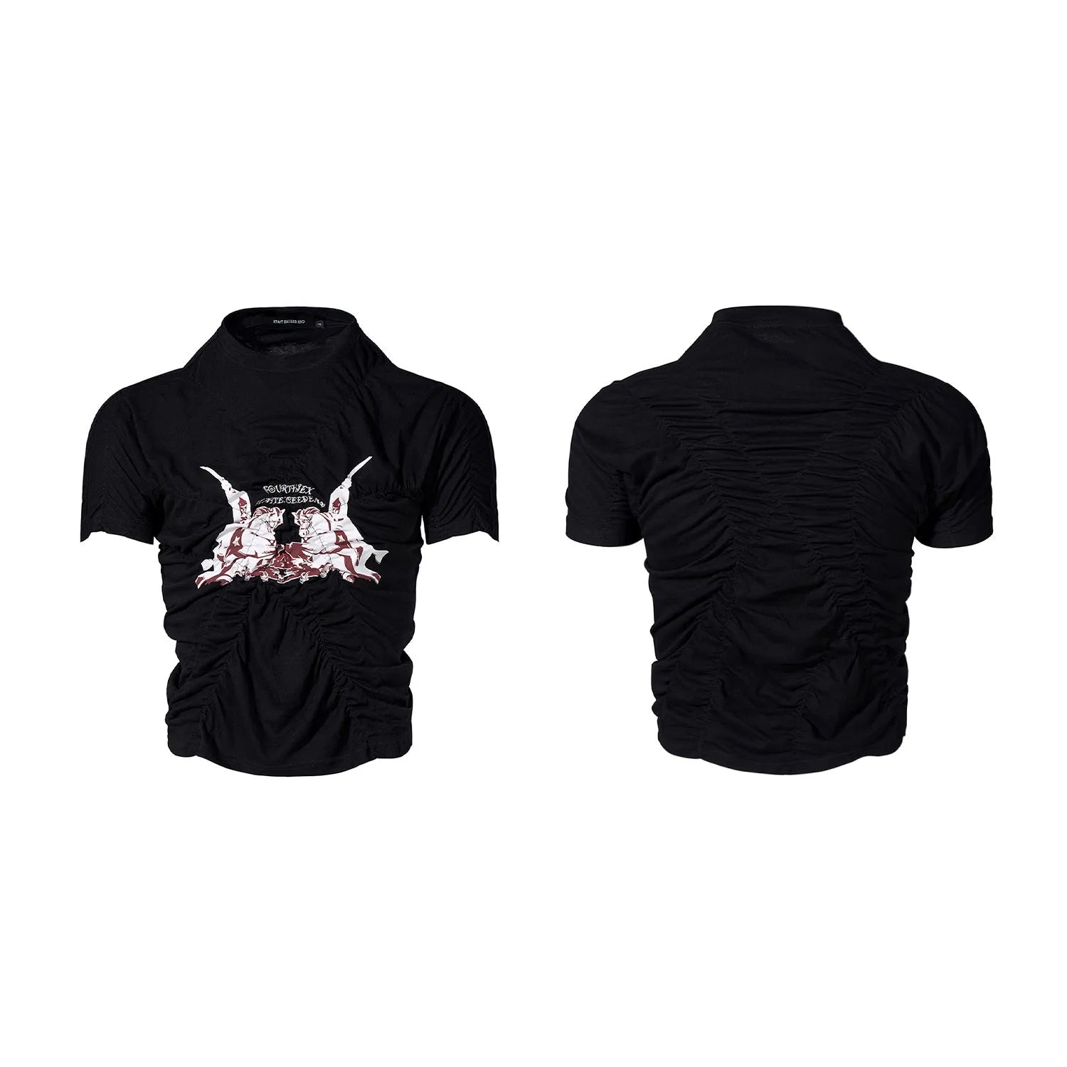 Black men's slim fit short sleeve shirt with printed design and round neck collar.