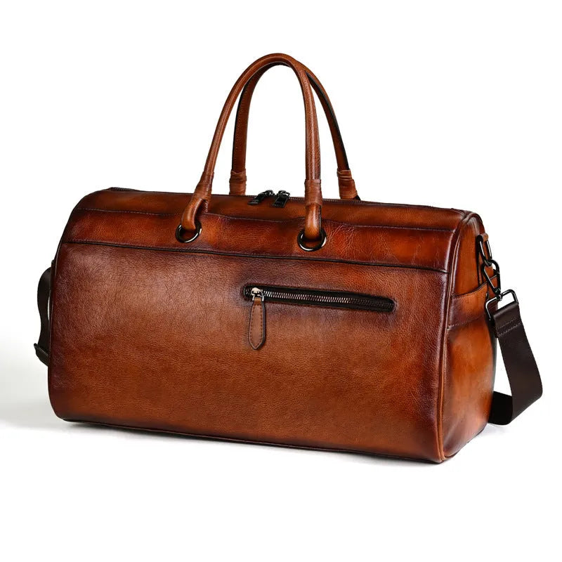 Handmade European retro leather bag in vintage brown with first layer cowhide construction and below 20L capacity