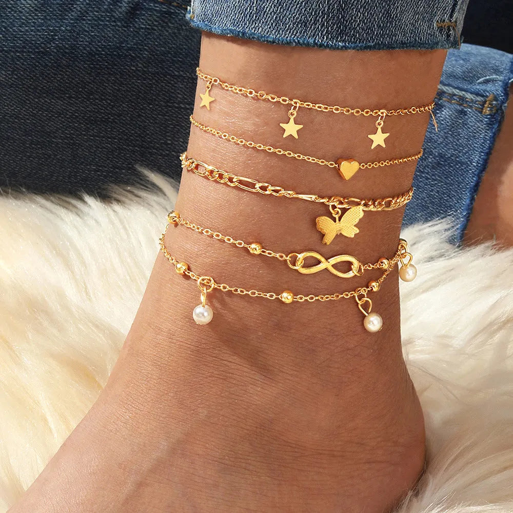 Butterfly pearl heart anklet set of four silver-tone alloy foot chains for women