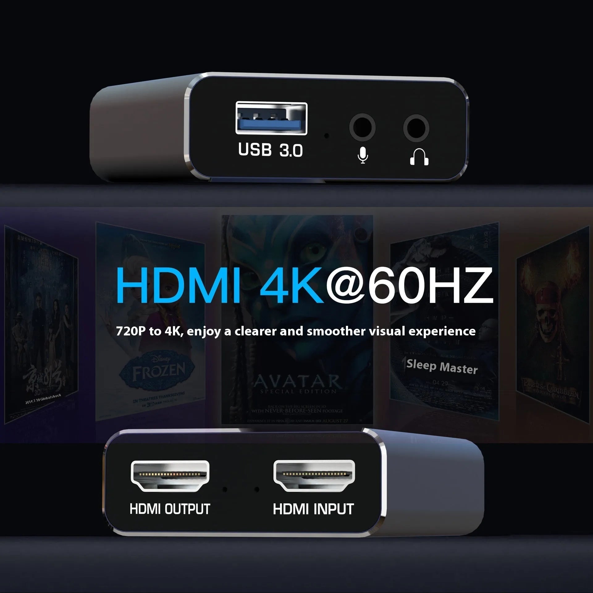 Black 4K set-top box for gaming recording and 1080p media streaming with data cable