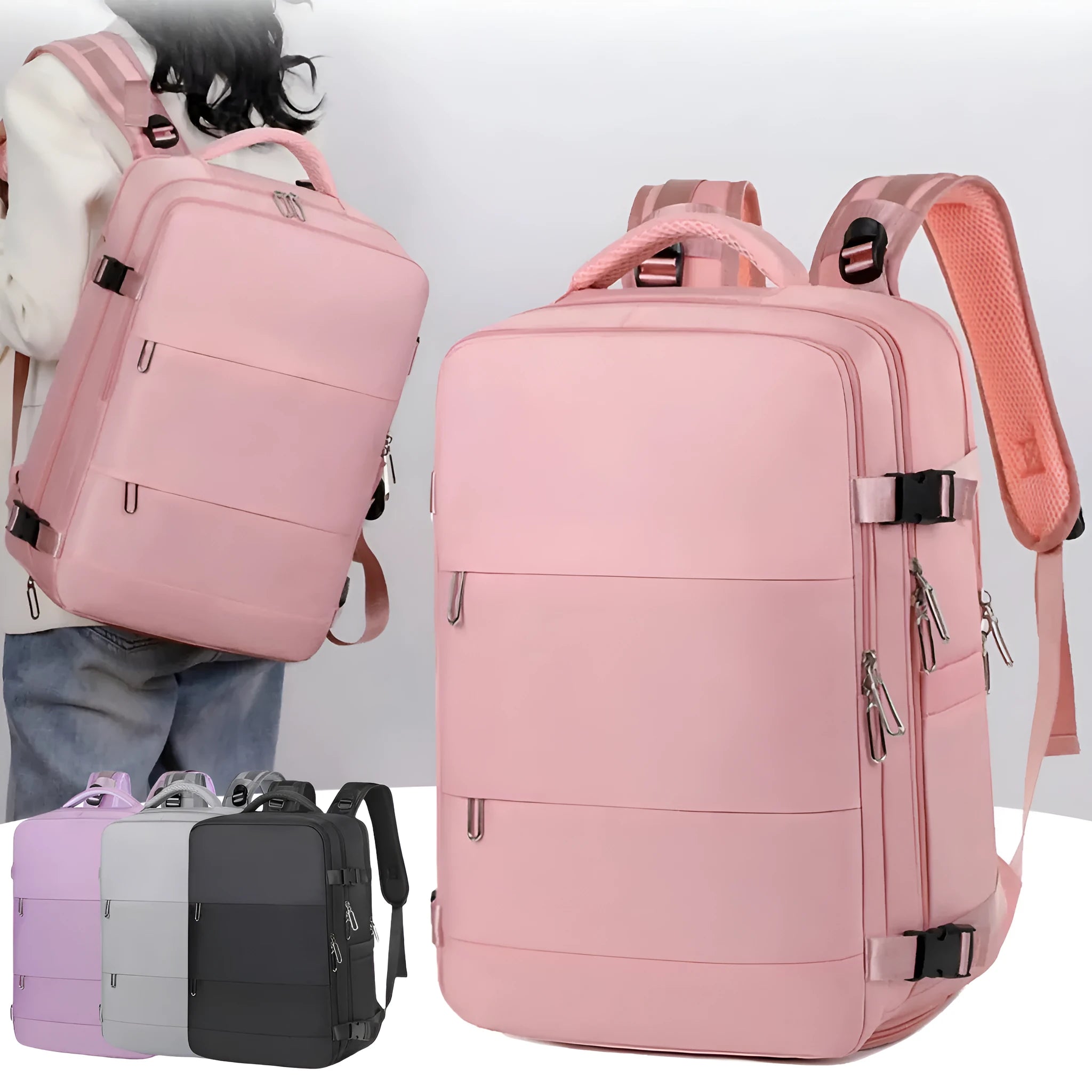 Large purple travel backpack with multiple compartments and an air pillow strap system, shown on a neutral background.