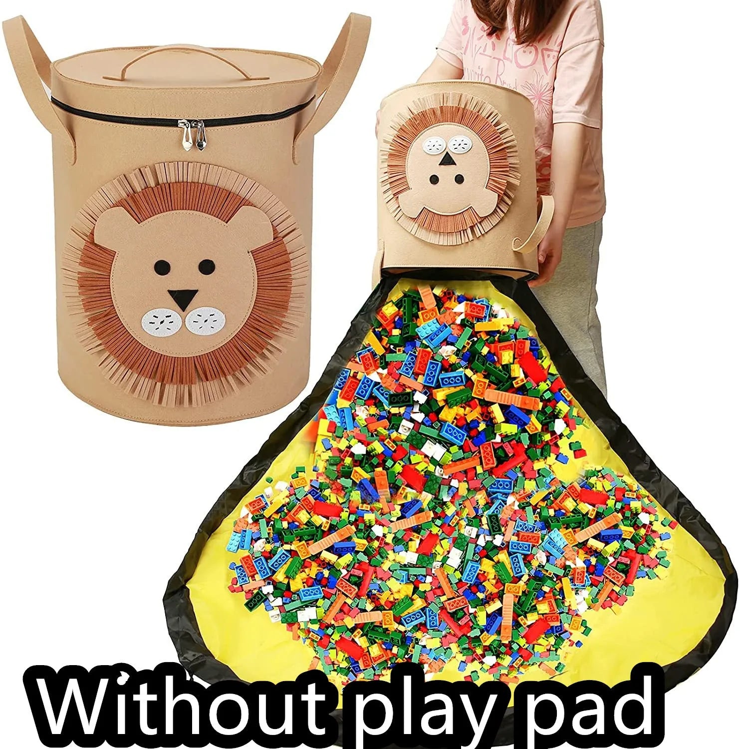 Green felt cube storage bag with pull rope, shown both as a closed bag and flattened as a play mat.