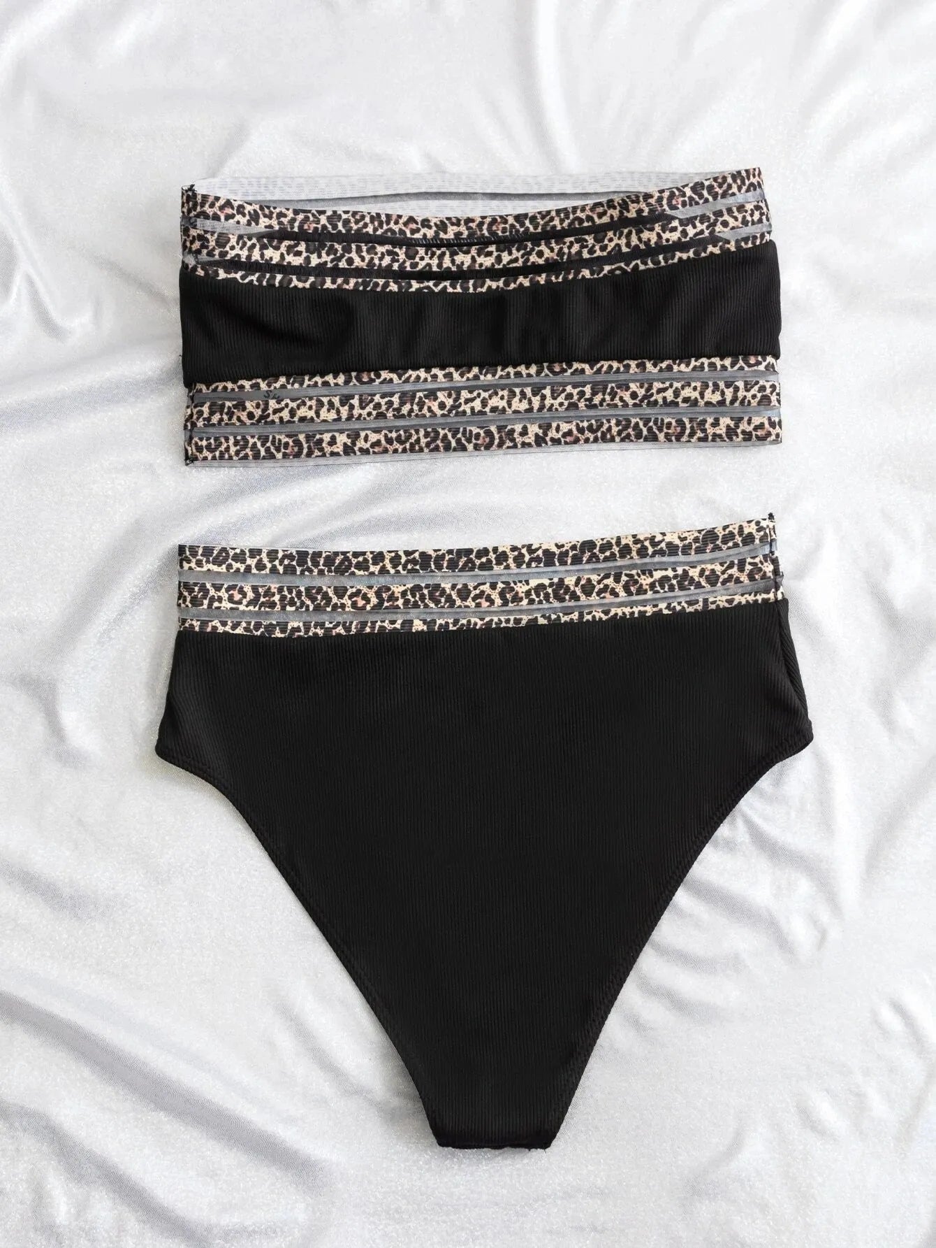 Black strapless split swimsuit with leopard print detail and high elasticity fabric