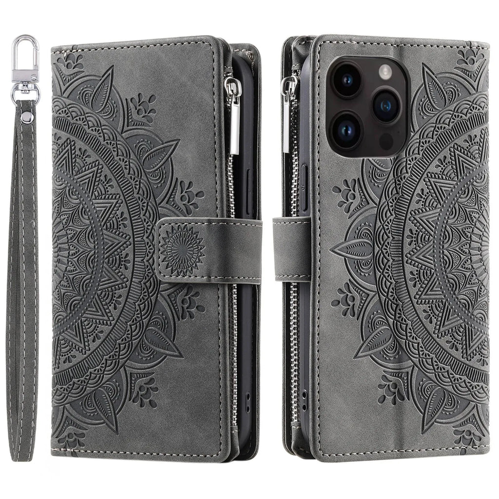 Faux leather card zipper phone case in purple with embossed texture and magnetic closure for iPhone 16