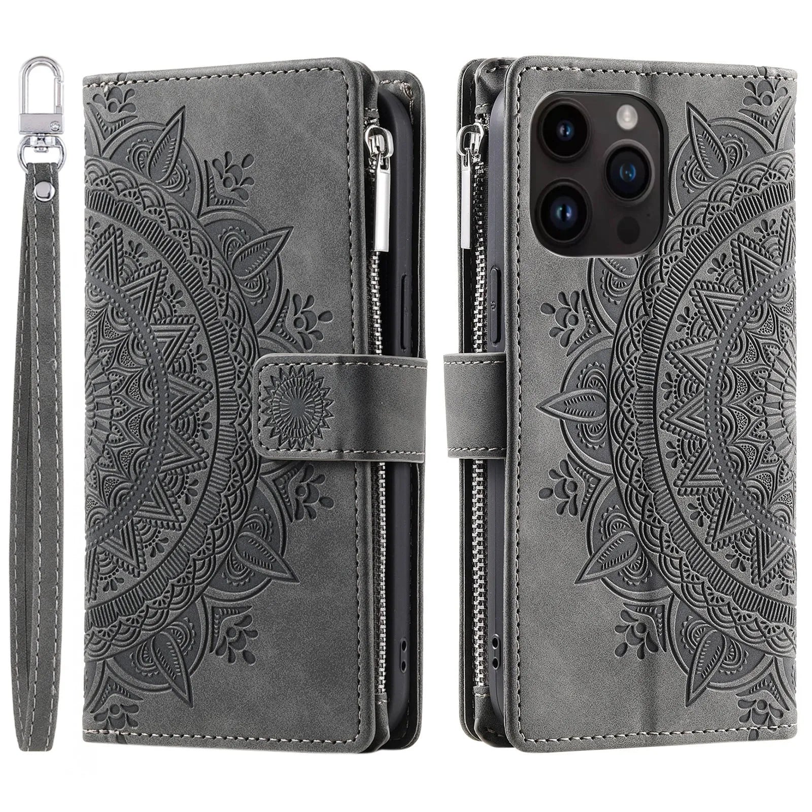 Faux leather card zipper phone case in purple with embossed texture and magnetic closure for iPhone 16