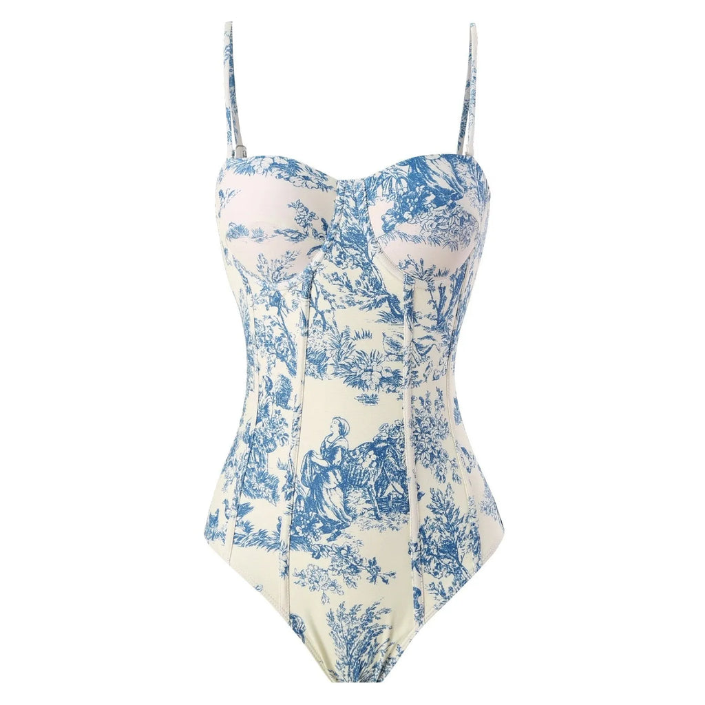 Blue women's one-piece swimsuit with detachable gauze skirt shown in S M L XL sizing options