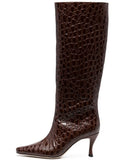 Women's black square toe cowboy boot with a microfiber upper, shown from the side.