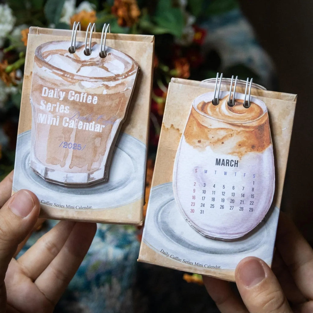 Mini 2025 desk calendar showing coffee theme with motivational design