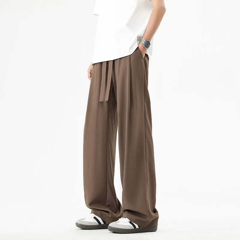 Men's quick-drying loose straight wide-leg casual trousers in solid colour, polyester blend, drawstring mid waist