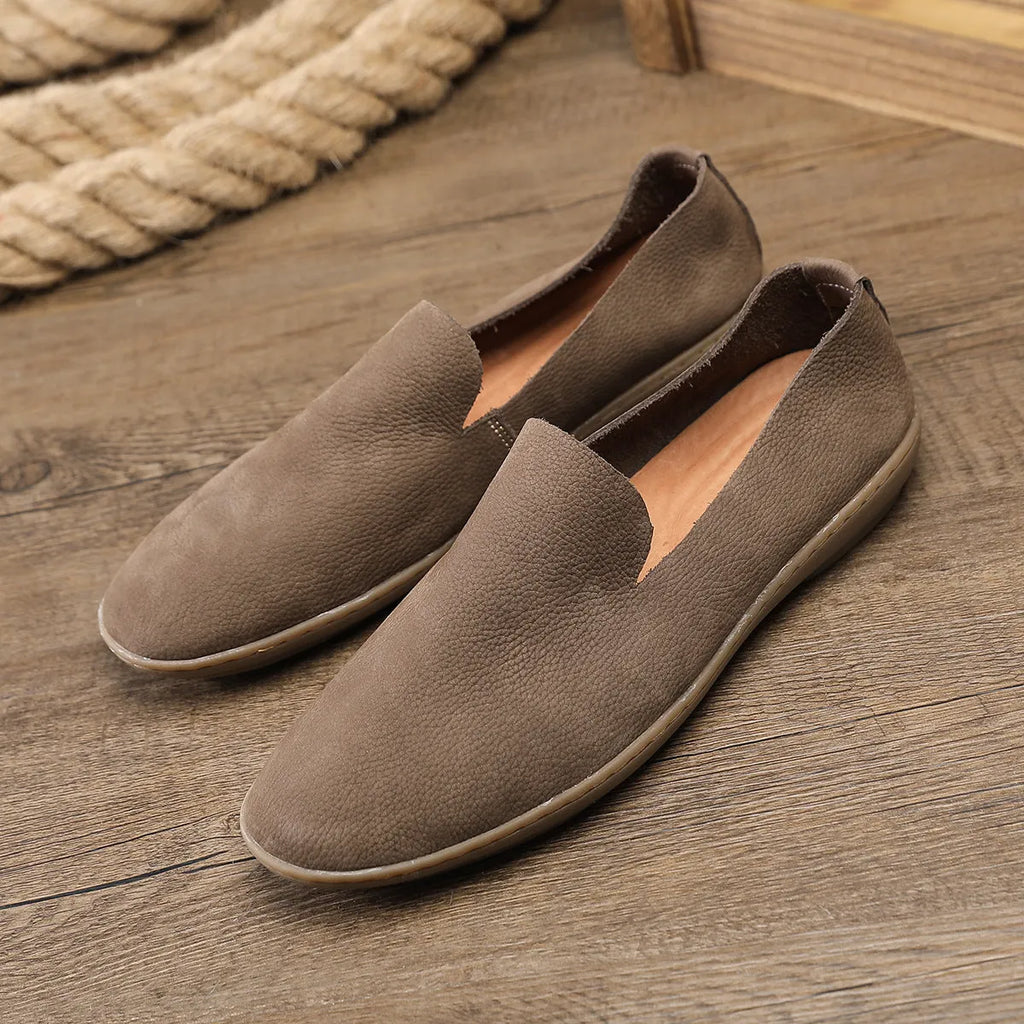 Men's handmade casual shoes in soft cowhide leather with wedge sole, shown in khaki colour
