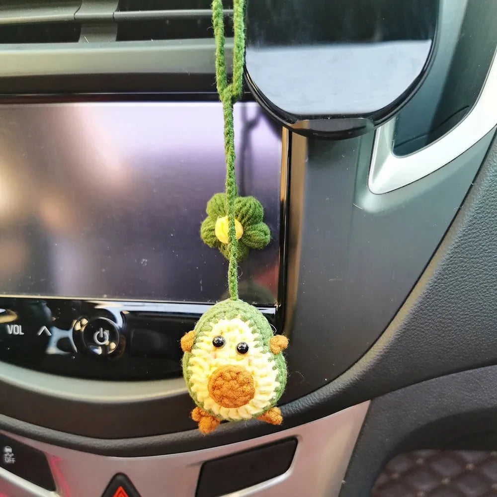 Handmade crocheted wool car pendant with rainbow flower pattern and cartoon avocado design in three colour options