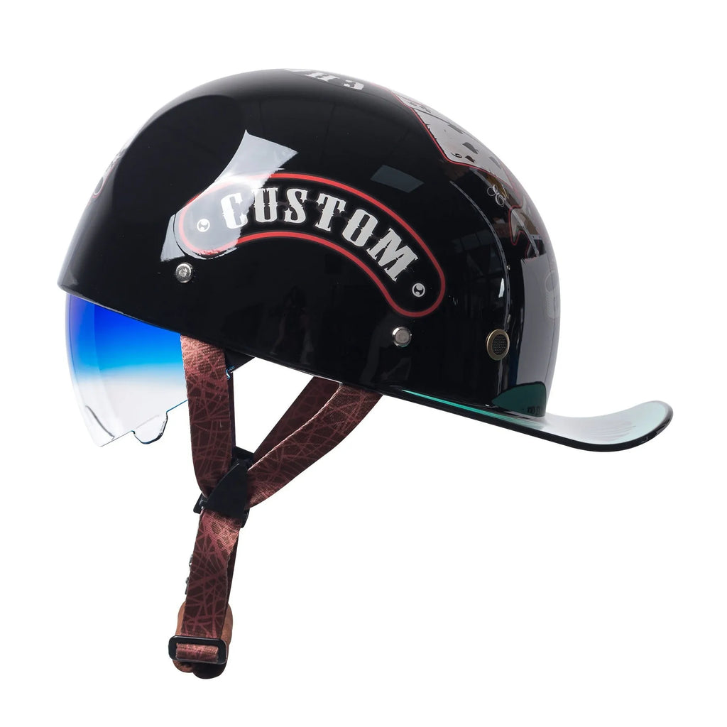 Men's retro electric bike half helmet in bright black with a gradient blue visor