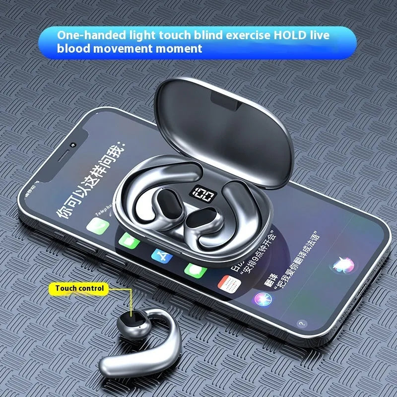 Black and white ear-mounted Bluetooth headset with digital display screen on ear
