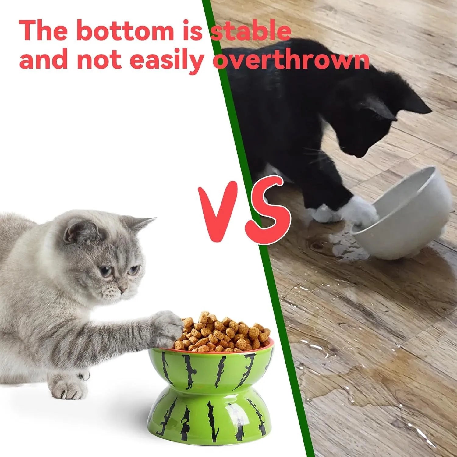 Ceramic raised cat bowl in orange pattern, showing tilted wide dish on non-slip base.