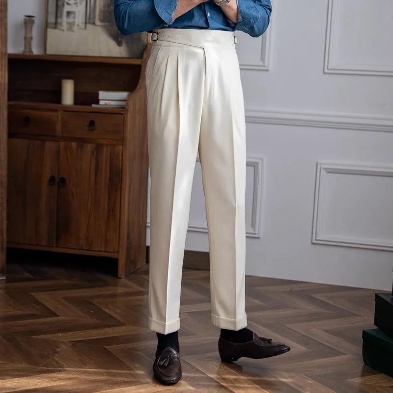 Men's high-waist straight-leg casual trousers in black, shown front and back.
