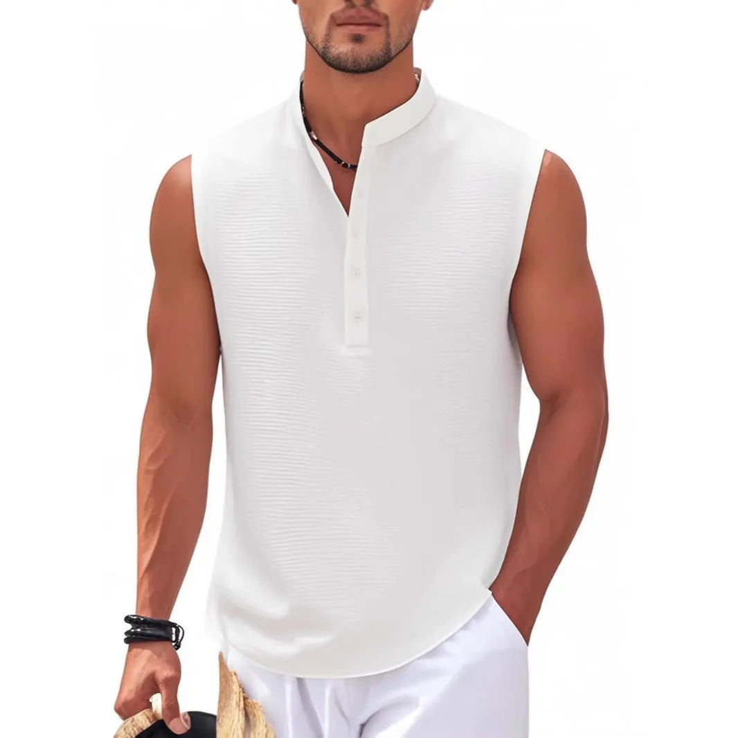 Men's stand collar sleeveless vest shirt with jacquard stripe pattern and round hem, polyester, S-XXXL