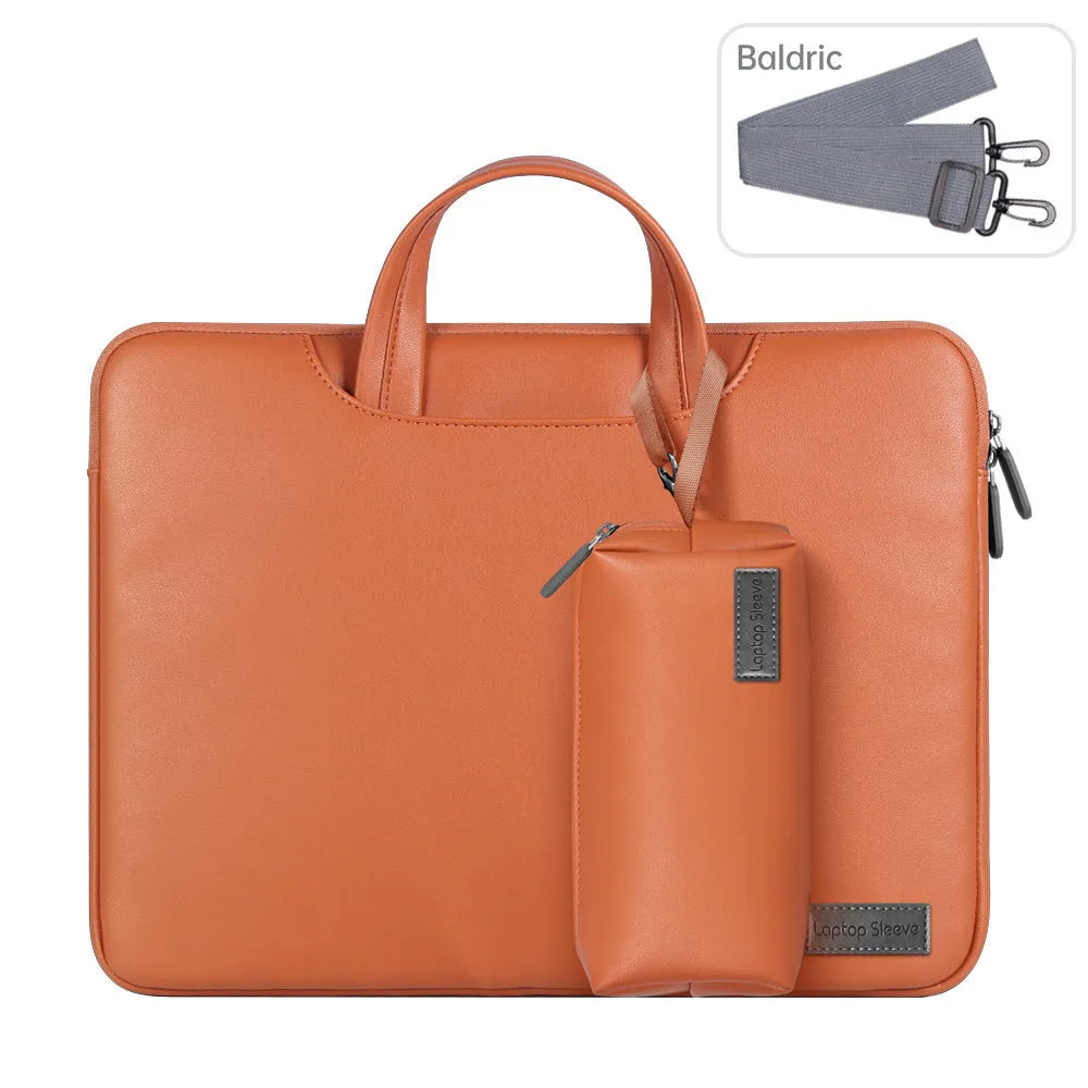 Shockproof waterproof PU laptop bag in black with shoulder strap and accessory bag for 15.6 inch laptop