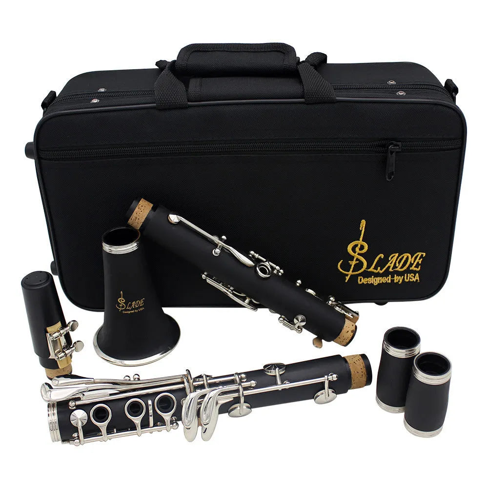 Black Bakelite 17-key B-flat beginner clarinet with nickel-plated keys and a carry bag.