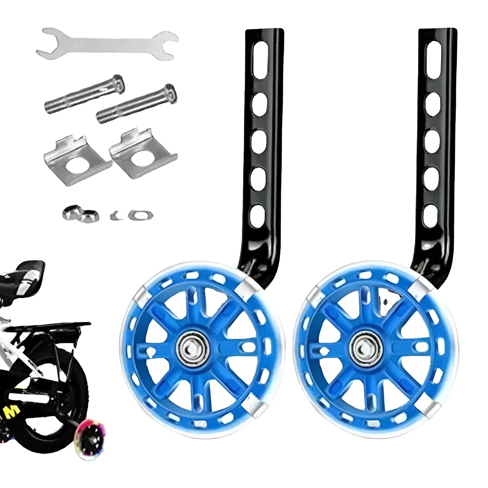 Set of children glow auxiliary bicycle wheels in black with metal bracket for 12-20 inch bikes
